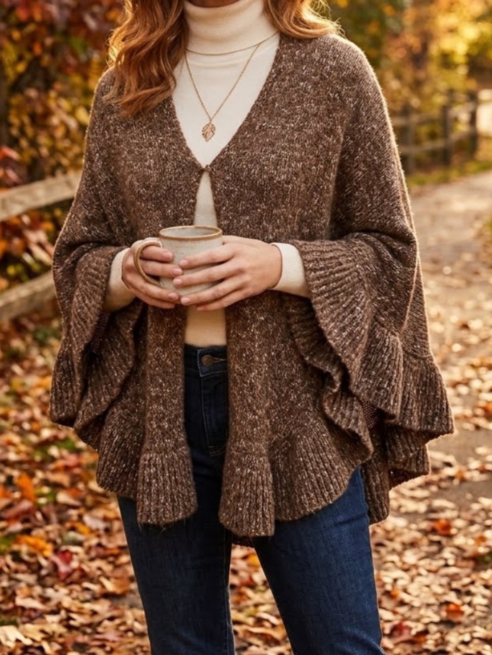 CAbi Brown Soft Knit Ruffle Trim Sweater Shrug Shawl OS